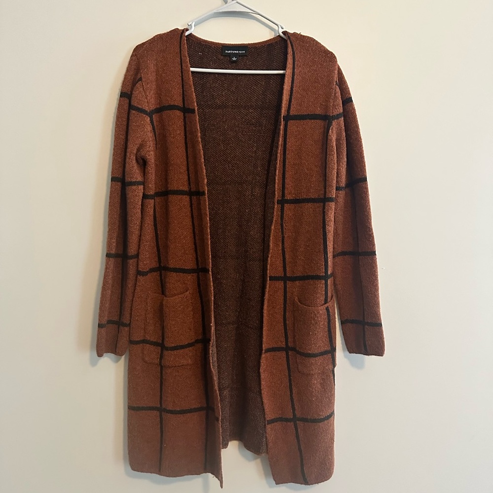 Fortune Ivy Brown and Black Grid Pattern Cardigan